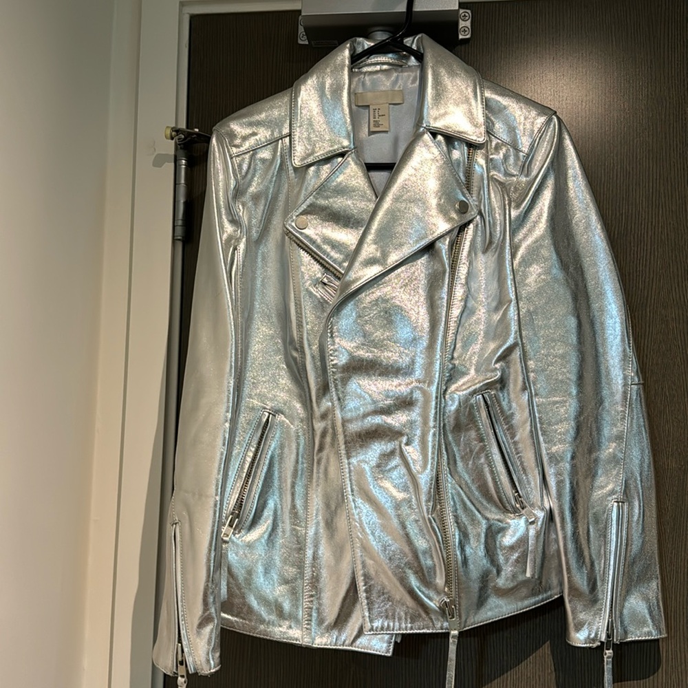 H&M Genuine Leather Jacket In Silver